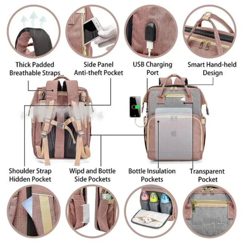Diaper Bag Backpack, Large with USB Charging Port, Multifunction, Pink Gray